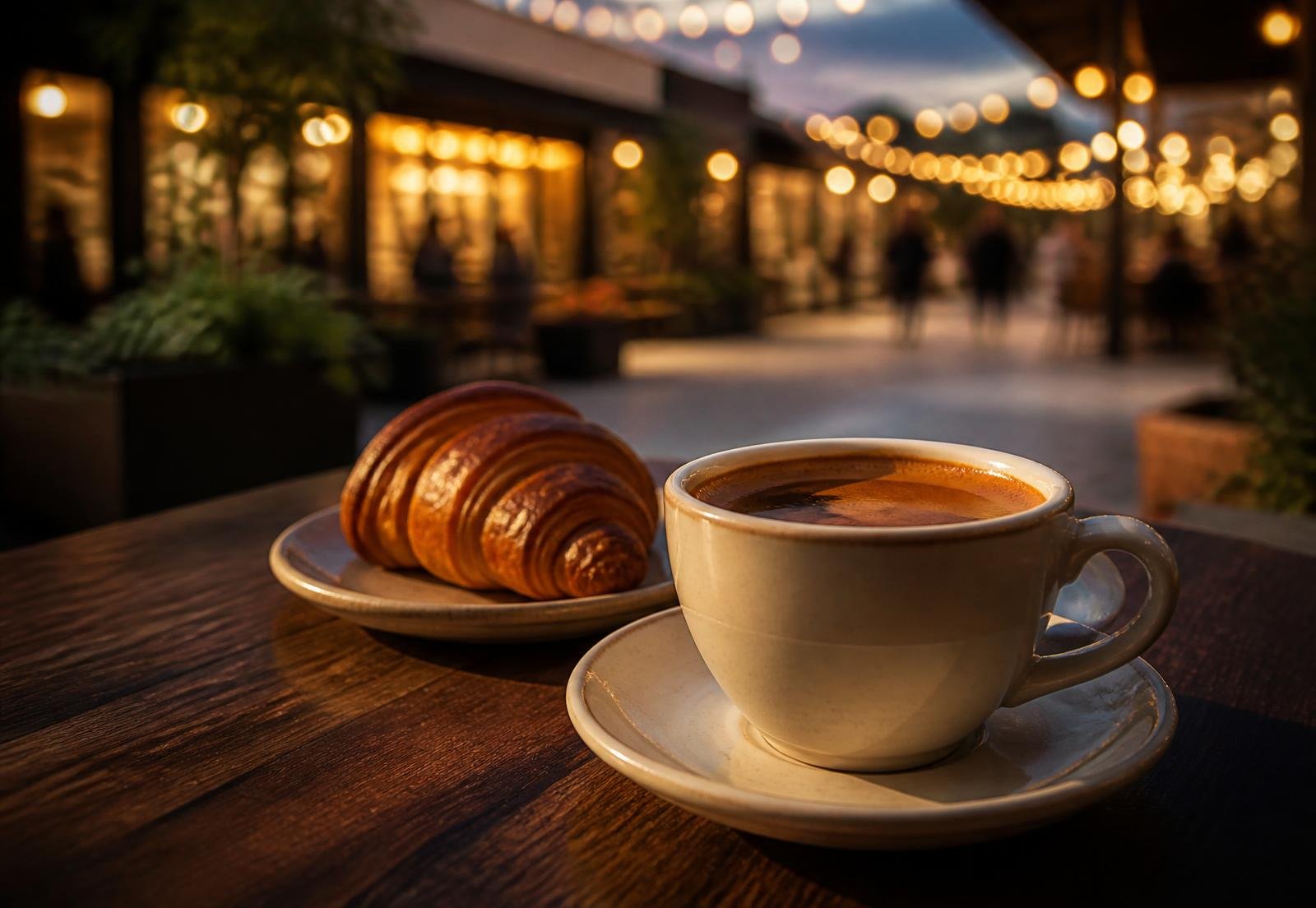 Espresso and croissant on a table in an open-air setting at dusk