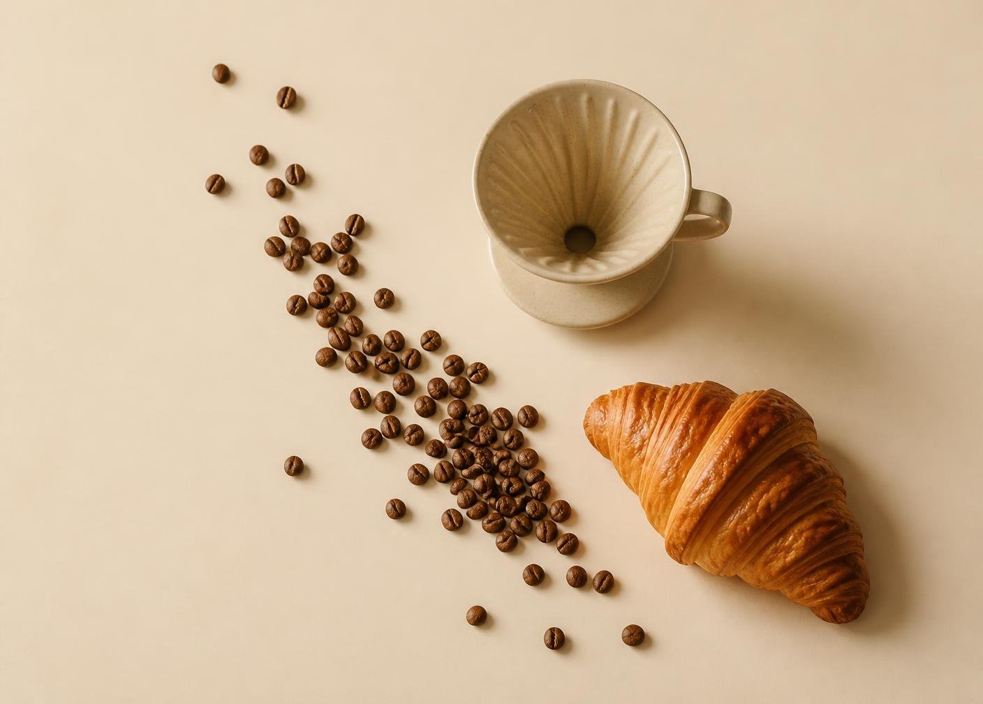 Pour-over dripper, coffee beans and a croissant on a cream surface