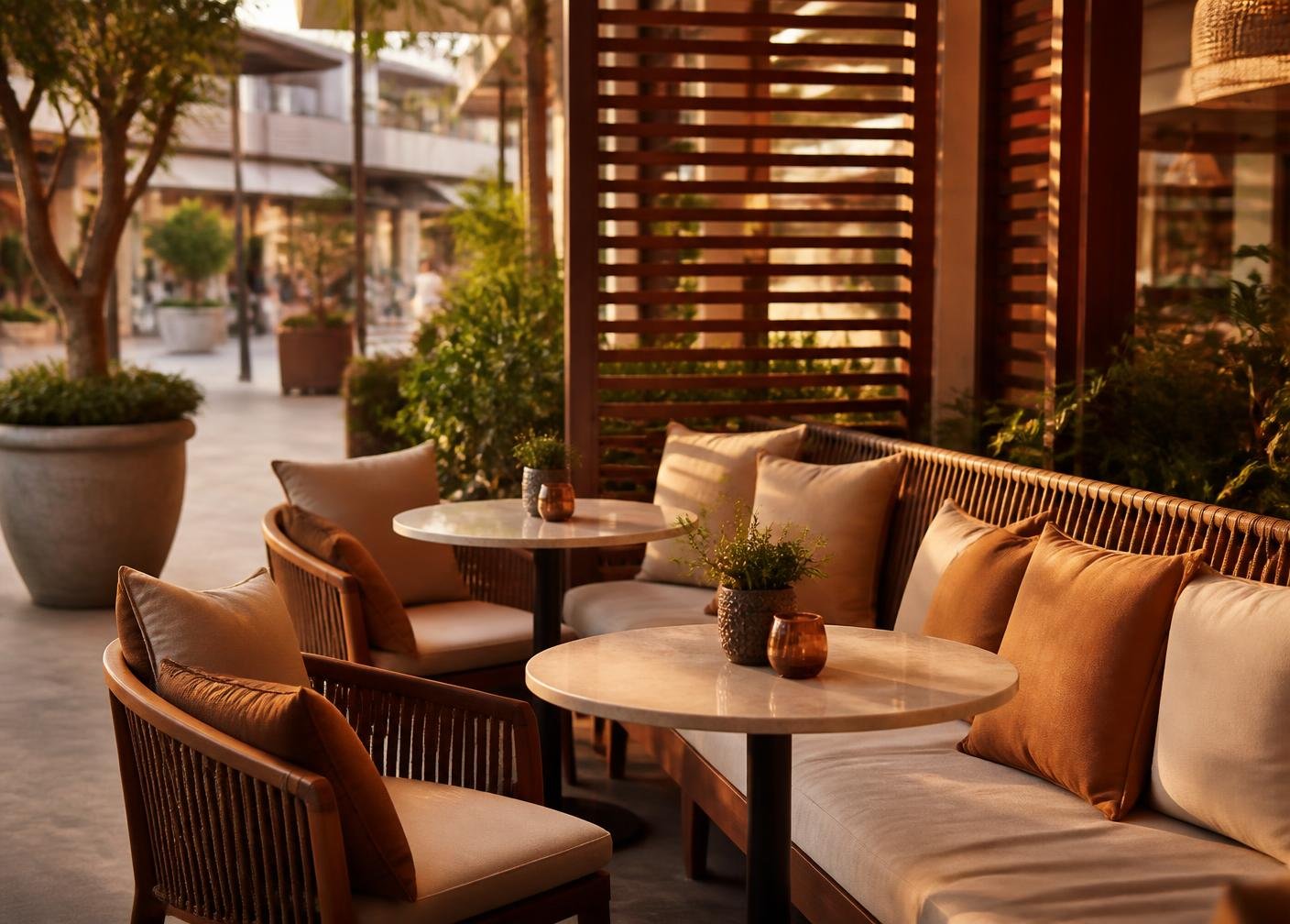 Outdoor café seating with warm timber and cream tones